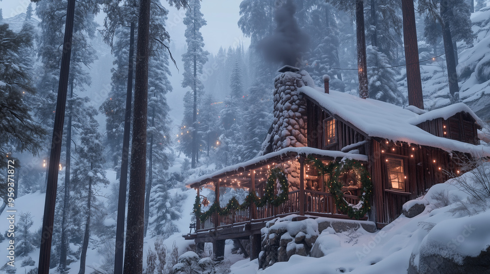 Naklejka premium Cozy Cabin in a Snowy Forest