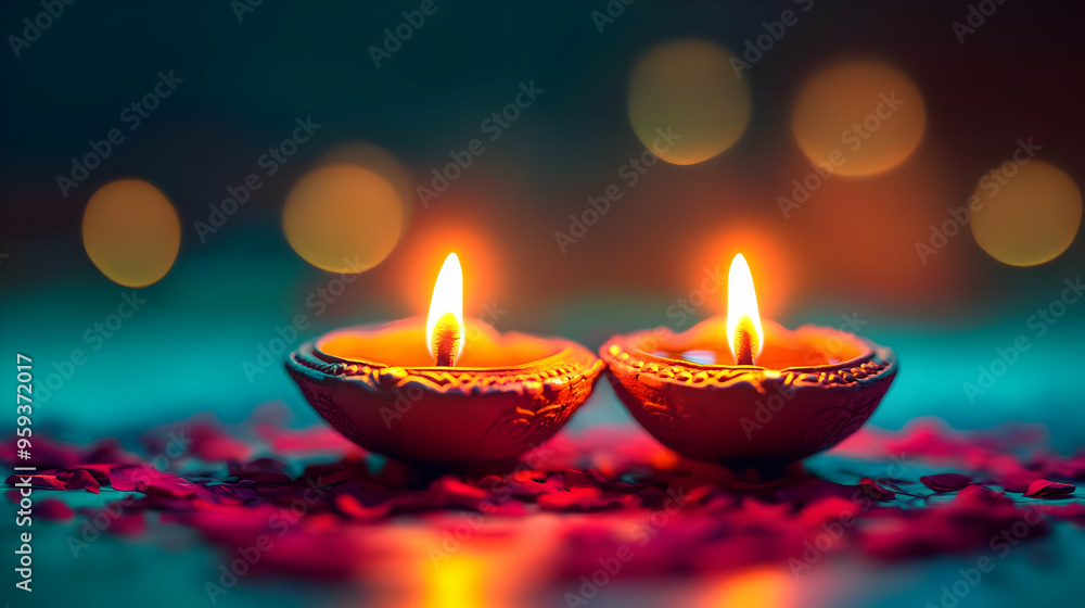 Two lit diya lamps on a bed of red petals with a bokeh background. Two lit diya lamps on a bed of red petals with a bokeh background.
