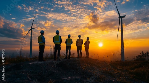 Team Engineers men and woman checking and inspecting on construction with sunset sky people operation Wind turbine for electrical of clean energy and environment Industrial of sustaina : Generative AI photo