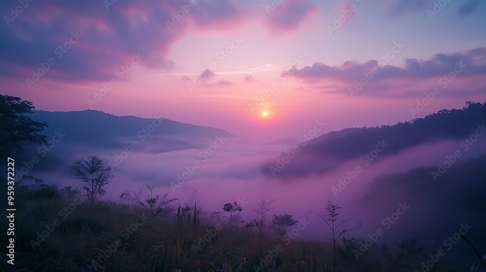 Obraz premium Romantic landscape sunset foggy mountain in evening twilight Beautiful landscape foggy hills twilight time Beautiful Purple sky sunrise dramatic landscape mountain Dawn sky dusk time c : Generative AI