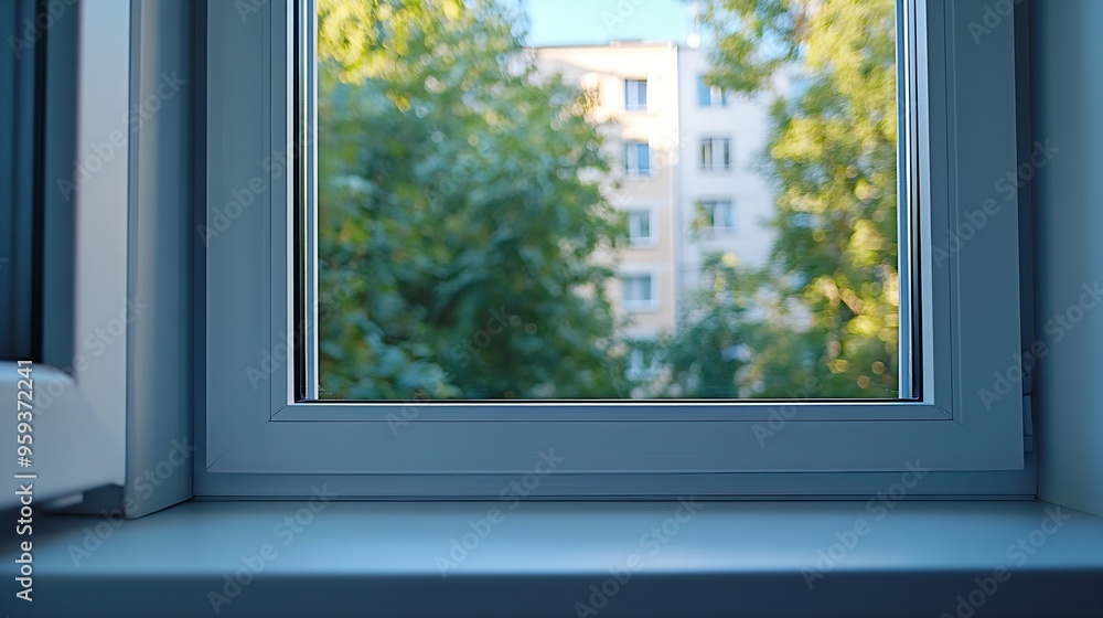 Fototapeta premium PVC window frame open closeup view Bottom window frame detail Room open window ventilation : Generative AI