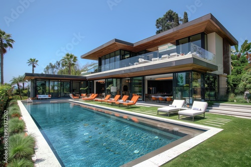 Wallpaper Mural Modern two-story beachfront home with outdoor pool, lounge chairs, grassy yard, and patio, sunny day with blue sky. Torontodigital.ca