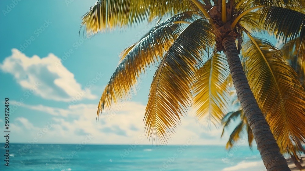 Obraz premium Palm trees in tropical sunny beach and tropical sea in Paradise island Summer vacation and tropical beach concept : Generative AI