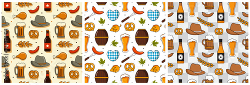 Festive Oktoberfest Seamless Pattern Design with Beer, Sausages and Pretzels Flat Cartoon Illustration