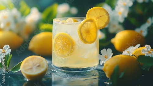 Fresh homemade lemonade with lemons and flowers With copy space : Generative AI photo