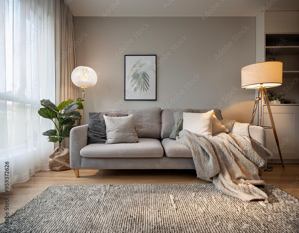 A cozy, modern living room with a plush sofa, throw blankets, and soft lighting from a floor A cozy, modern living room with a plush sofa, throw blankets, and soft lighting from a floor
