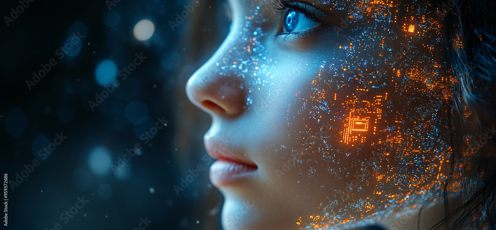 The image depicts a futuristic AI concept with a robot GPT chat technology, a woman, and space for text on a dark background. It can be used for technology-related content, AI-related events,... The image depicts a futuristic AI concept with a robot GPT chat technology, a woman, and space for text on a dark background. It can be used for technology-related content, AI-related events,...