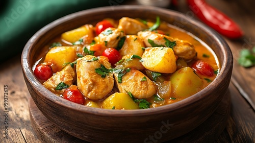 Apricus Curry Chicken Stew with cherry tomato potato and green chilli served in dish isolated on wooden table side view of italian fastfood : Generative AI