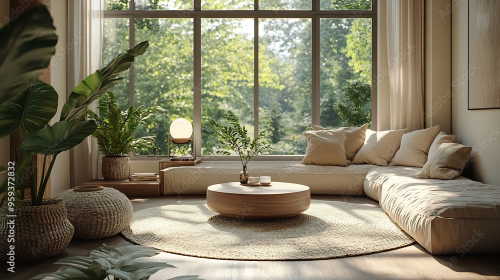 Open space interior with modular sofa wooden coffee table big window beige rug round pillow stylish table lamp plants vase with leaves and personal accessories Home decor Template : Generative AI Open space interior with modular sofa wooden coffee table big window beige rug round pillow stylish table lamp plants vase with leaves and personal accessories Home decor Template : Generative AI