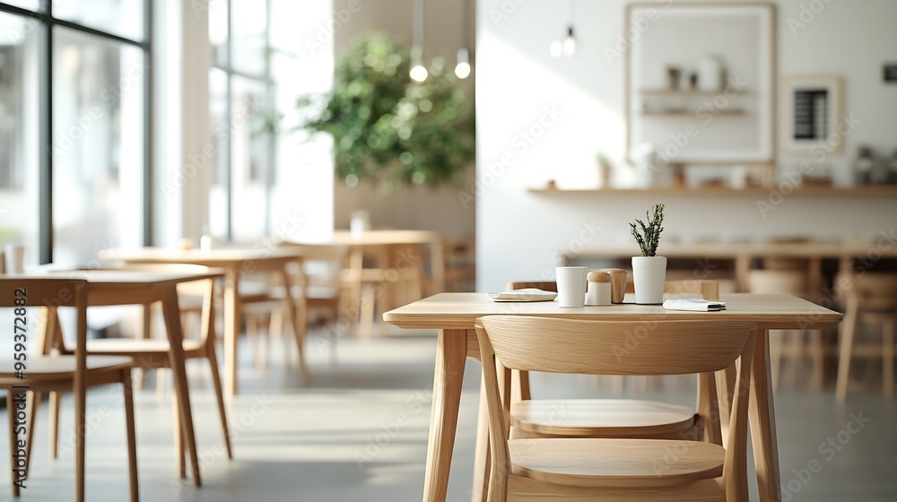 Empty wooden tables and chairs in coffee shop with white wall and floor : Generative AI Empty wooden tables and chairs in coffee shop with white wall and floor : Generative AI