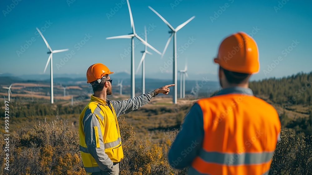 Rear view of engineer pointing at wind turbine with maintenance technician in wind farm Copy space : Generative AI Rear view of engineer pointing at wind turbine with maintenance technician in wind farm Copy space : Generative AI