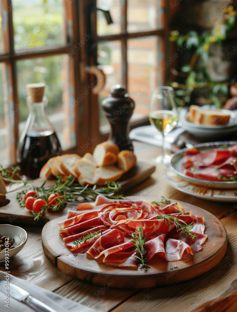 Gourmet Jamon Iberico with bread and tomatoes on rustic wooden table