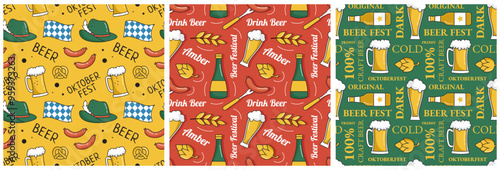 Festive Oktoberfest Seamless Pattern Design with Beer, Sausages and Pretzels Flat Cartoon Illustration