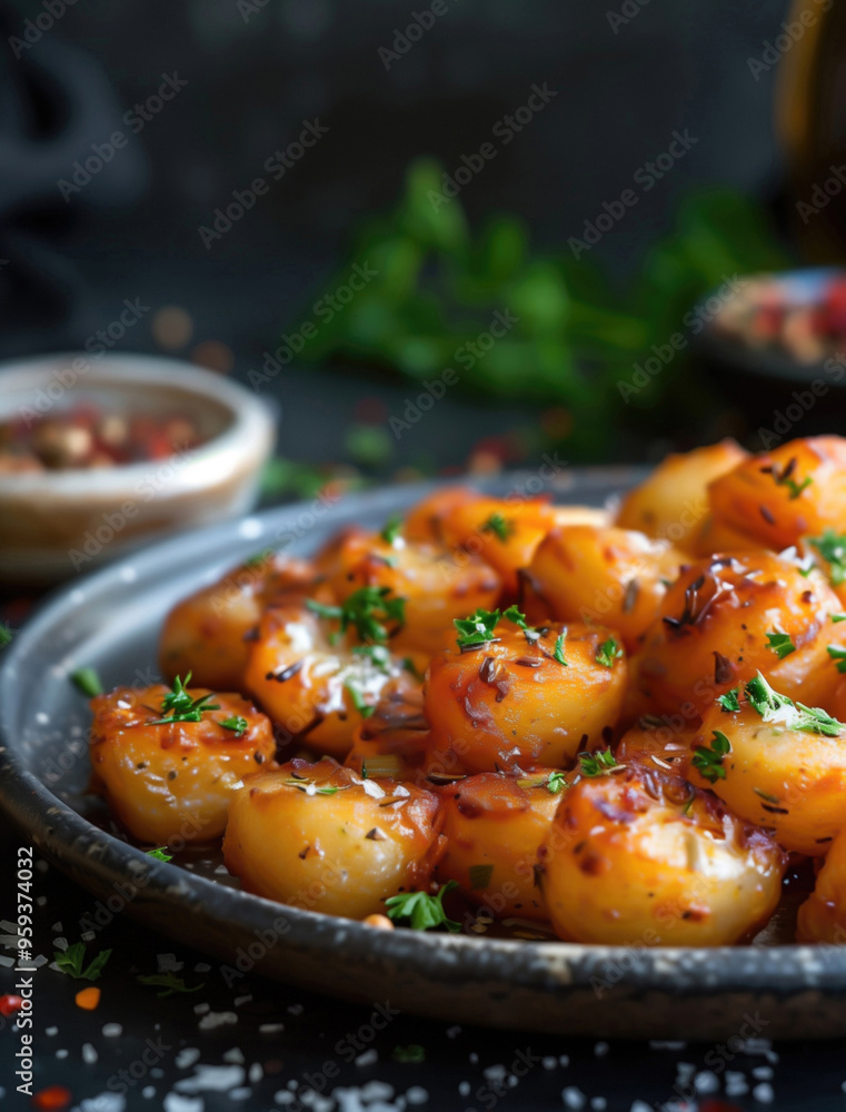 Rustic Patatas Bravas with Spicy Sauce, Close up on Black Plate Rustic Patatas Bravas with Spicy Sauce, Close up on Black Plate