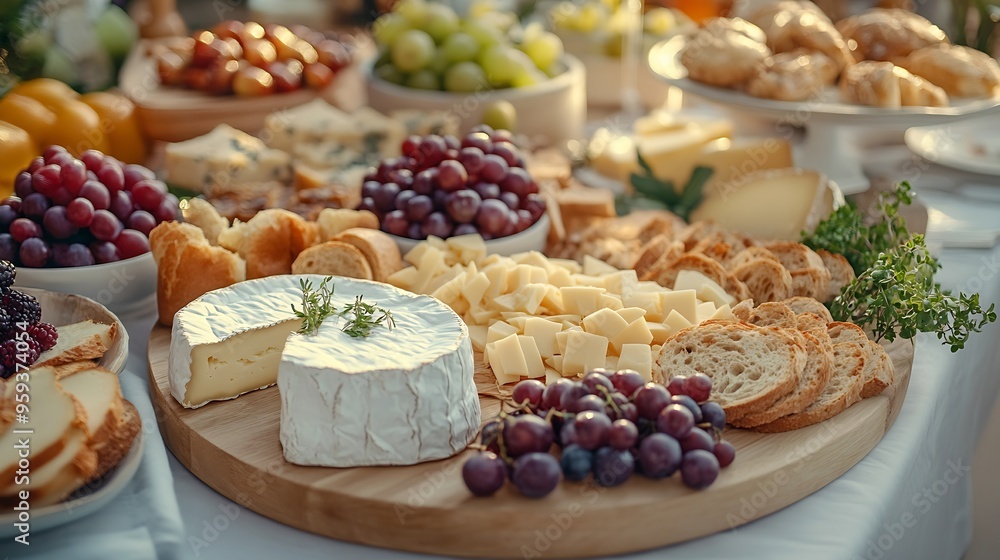 catering table with delicious cheeses breads and fruits ready to be tasted at a social event : Generative AI catering table with delicious cheeses breads and fruits ready to be tasted at a social event : Generative AI