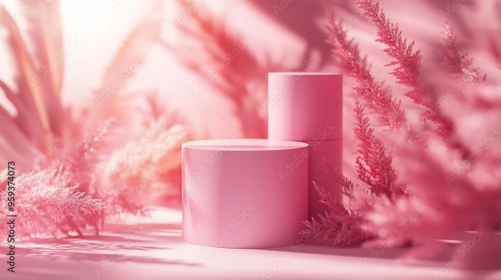 cylindrical stand podium for displaying cosmetics and product on abstract background in pink pastel colors : Generative AI cylindrical stand podium for displaying cosmetics and product on abstract background in pink pastel colors : Generative AI