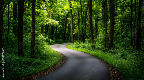 Winding road through a lush green forest.