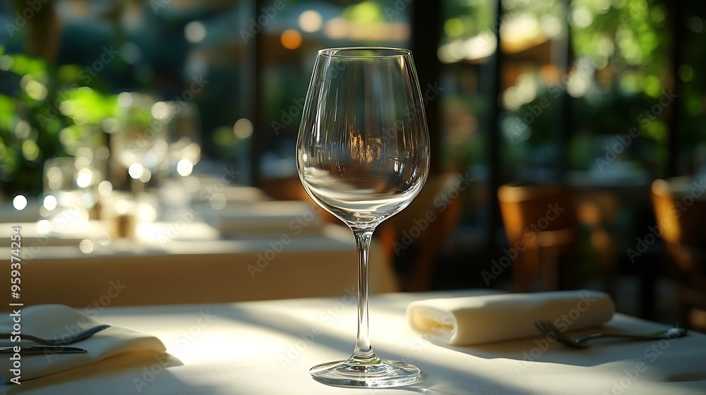 The transparent glass stands on a table against the backdrop of a restaurant Cloth napkins Elegant style : Generative AI The transparent glass stands on a table against the backdrop of a restaurant Cloth napkins Elegant style : Generative AI