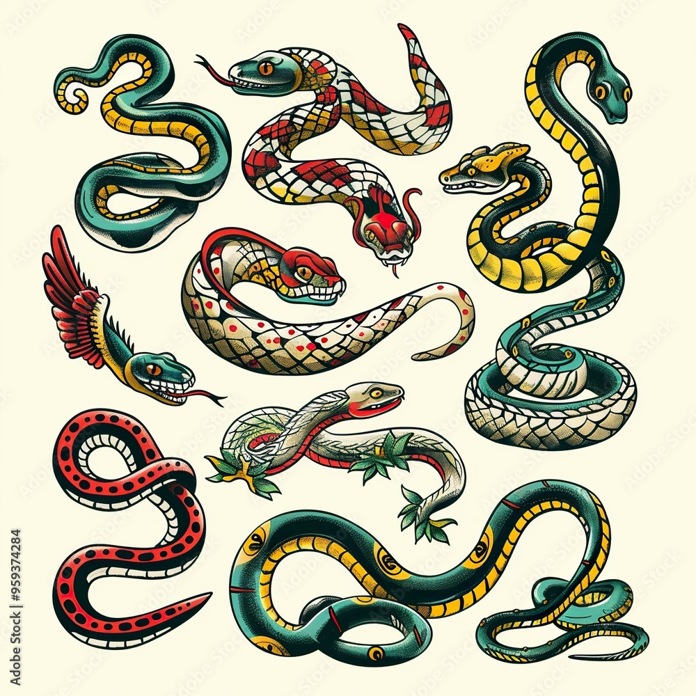 Fototapeta premium Hand drawn old school tattoo isolated icon of Snake vector image set