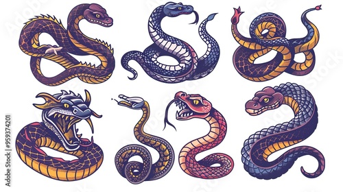 Hand drawn old school tattoo isolated icon of Snake vector image set