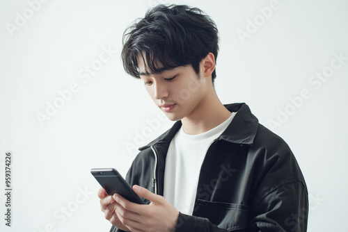 スマートフォンを使用する若い男性 photo