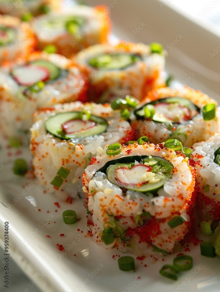 Close-up photo of Dynamite Roll sushi with spicy tuna, cucumber, avocado, and jalapenos on a rustic table Close-up photo of Dynamite Roll sushi with spicy tuna, cucumber, avocado, and jalapenos on a rustic table