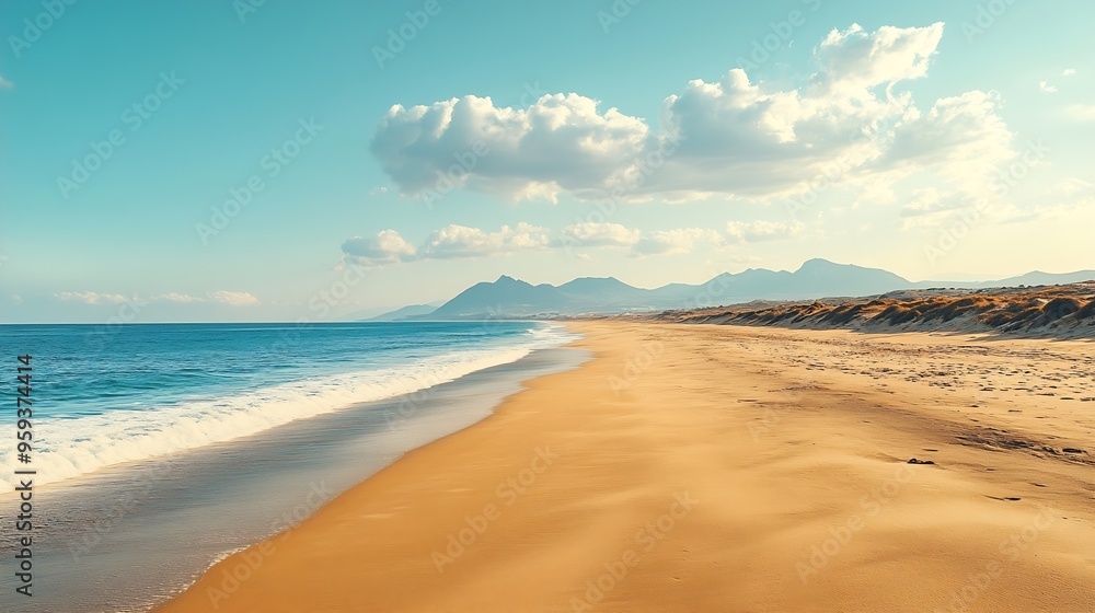 Big golden sand beach at sunny day Los Lances beach in Tarifa Cadiz Coast Andalusia Spain Minimalist coastal panorama of a large empty beach : Generative AI Big golden sand beach at sunny day Los Lances beach in Tarifa Cadiz Coast Andalusia Spain Minimalist coastal panorama of a large empty beach : Generative AI