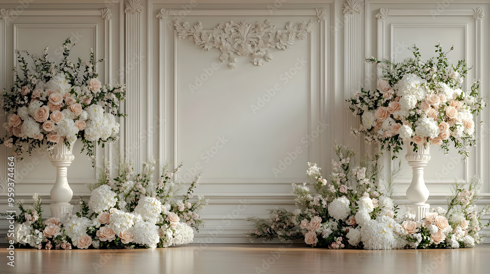 White and peach floral arrangements on each side of a white ornate wall. White and peach floral arrangements on each side of a white ornate wall.