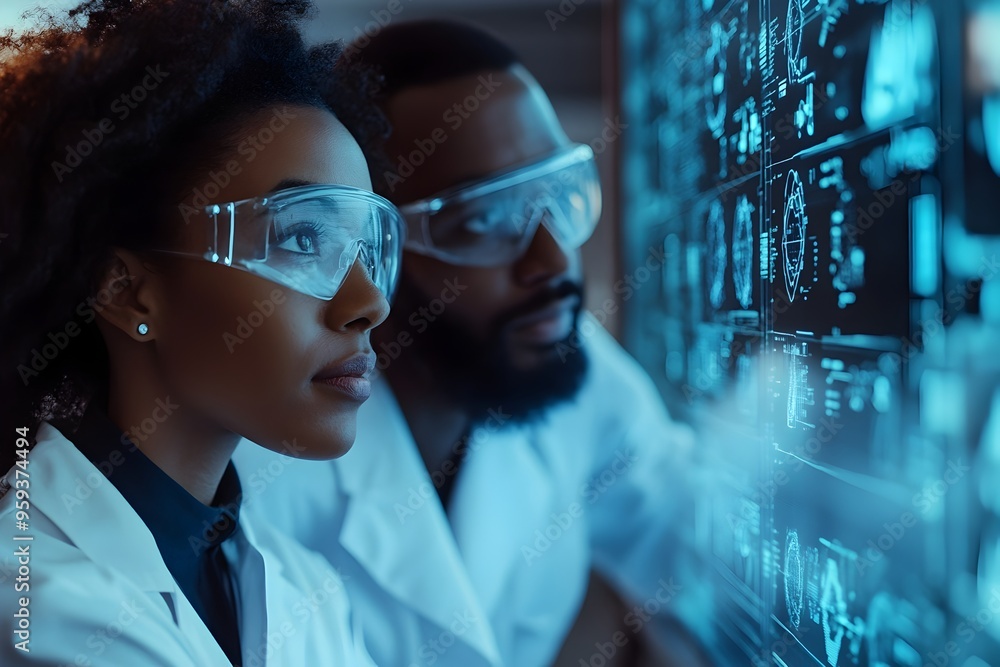 Determined Medical Researchers Collaborating Over Data in High-Tech Laboratory Determined Medical Researchers Collaborating Over Data in High-Tech Laboratory