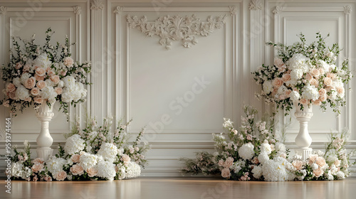 White and peach floral arrangements on each side of a white ornate wall.