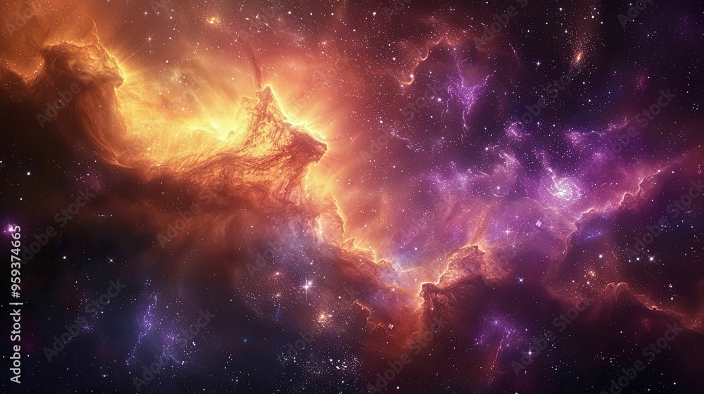 Fototapeta premium Cosmic Nebula with Orange and Purple Gas Clouds and Stars