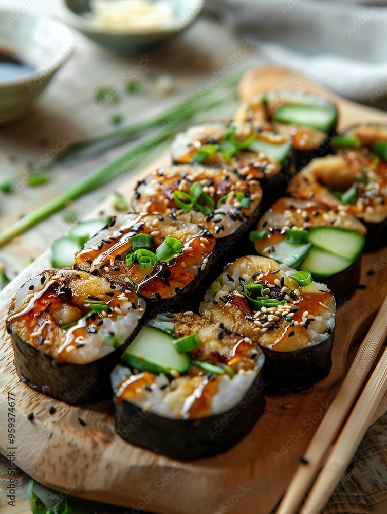 Grilled Eel and Avocado sushi roll with sesame on a rustic background, close up Grilled Eel and Avocado sushi roll with sesame on a rustic background, close up