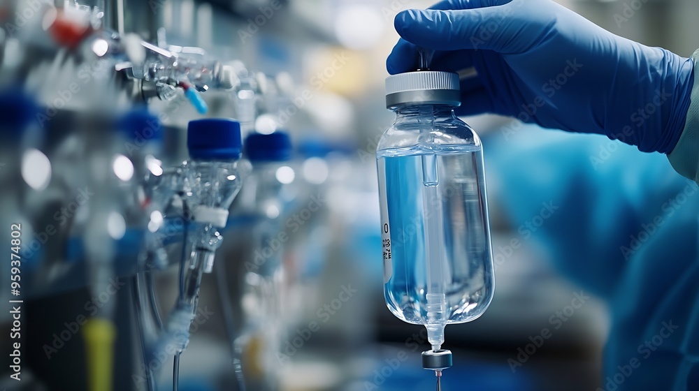 Gloved hand of surgical tech preparing iv fluid bag in operating theatre with copy space Hospital medical and healthcare services : Generative AI Gloved hand of surgical tech preparing iv fluid bag in operating theatre with copy space Hospital medical and healthcare services : Generative AI
