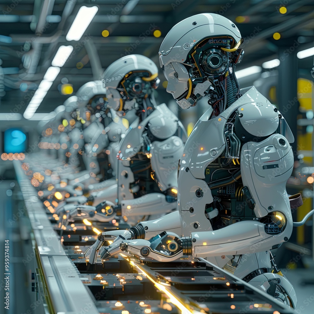Fototapeta premium Row of White Robots Working on Assembly Line in Factory