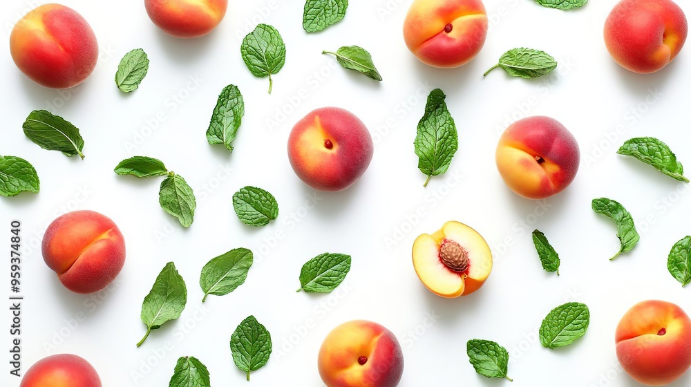 Fresh peaches and mint leaves arranged artistically on a white background. Fresh peaches and mint leaves arranged artistically on a white background.