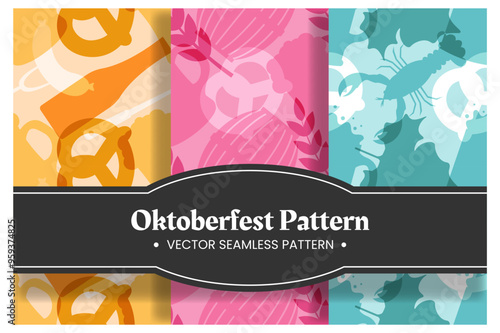 Festive Oktoberfest Seamless Pattern Design with Beer, Sausages and Pretzels Flat Cartoon Illustration