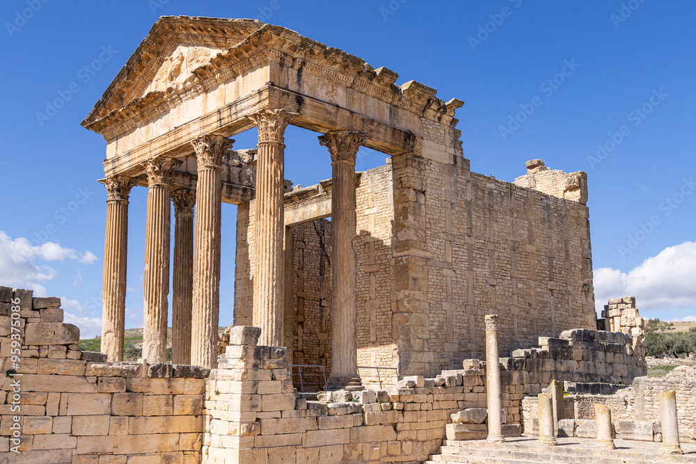 Dougga, Beja, Tunisia. The Capitol Temple at the Roman ruins. Dougga, Beja, Tunisia. The Capitol Temple at the Roman ruins.