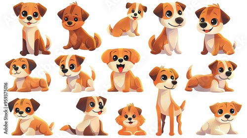 Collection of Cute Cartoon Puppies in Various Poses