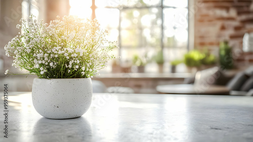 White flowers in a white pot on a table in a cafe.