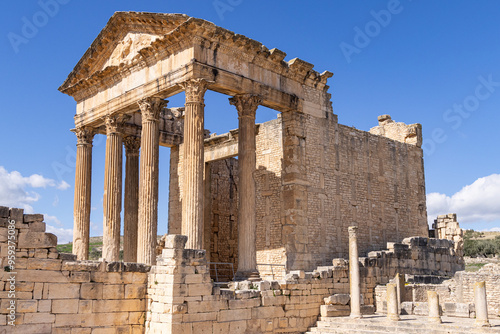 Dougga, Beja, Tunisia. The Capitol Temple at the Roman ruins.