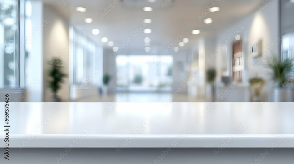 White table top in blurred modern office setting. White table top in blurred modern office setting.