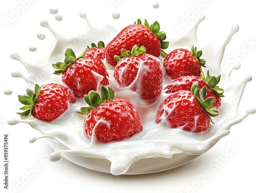 strawberries splashing into milk, white background