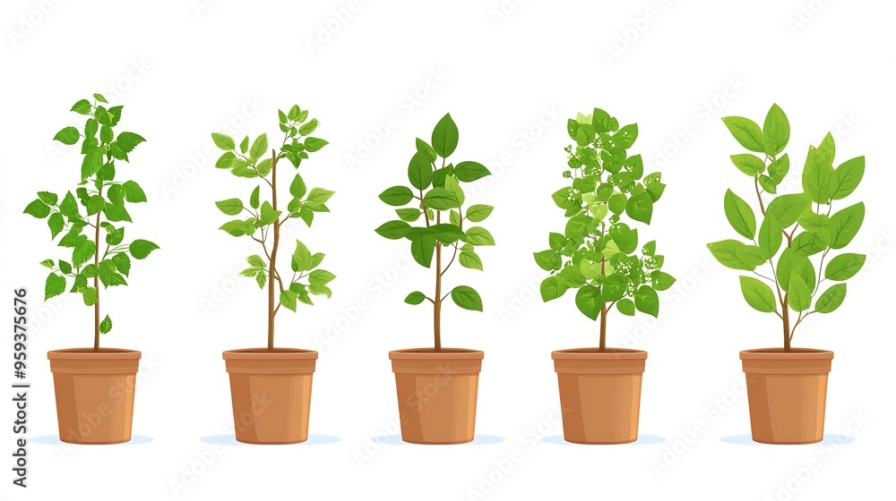reforestation set of young trees trunks in pots, afforestation set of green plants in flowerpots, gardening and botany concept reforestation set of young trees trunks in pots, afforestation set of green plants in flowerpots, gardening and botany concept