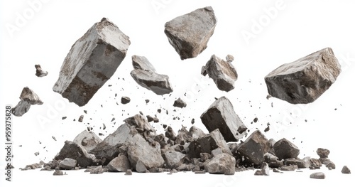 Destroyed concrete rocks flying in the air, against a white background