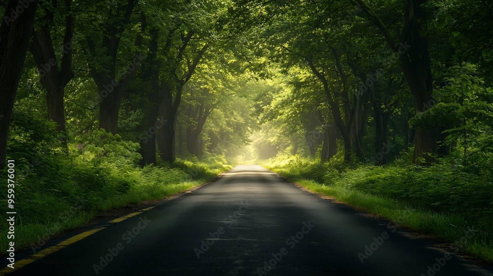 Obraz premium Road surrounded by green trees : Generative AI