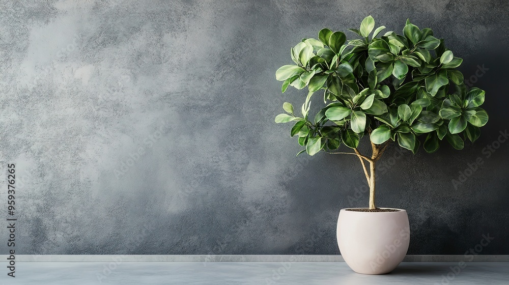 Concept of a house plants store with a ficus tree in a flower pot against a grey backdrop Concept of a house plants store with a ficus tree in a flower pot against a grey backdrop