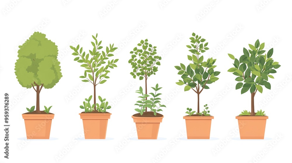 reforestation set of young trees trunks in pots, afforestation set of green plants in flowerpots, gardening and botany concept reforestation set of young trees trunks in pots, afforestation set of green plants in flowerpots, gardening and botany concept