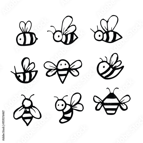 cute honey bee doodle set vector illustration