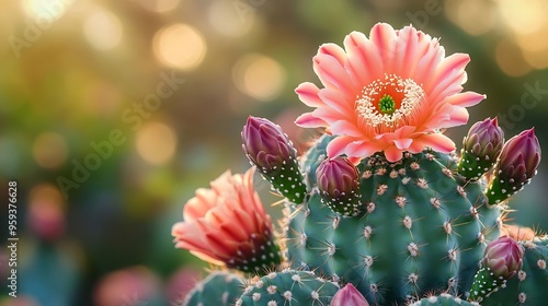 cacti mandacaruCereus jamacaru with flowers and natural landscape background : Generative AI photo