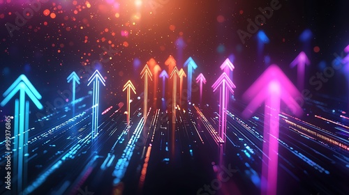 Glowing arrows rising, business success, high-end AI robot design, Geometric business backdrop